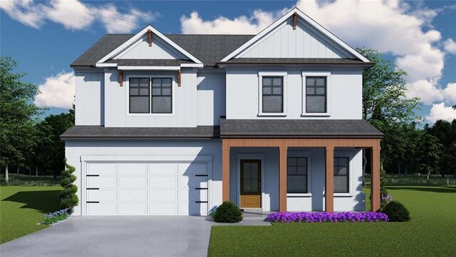 modern farmhouse style home with a porch, a front lawn, a garage, concrete driveway, and board and batten siding