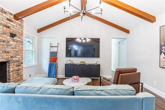 living room with an inviting chandelier, baseboards, vaulted ceiling with beams, wood finished floors, and visible vents