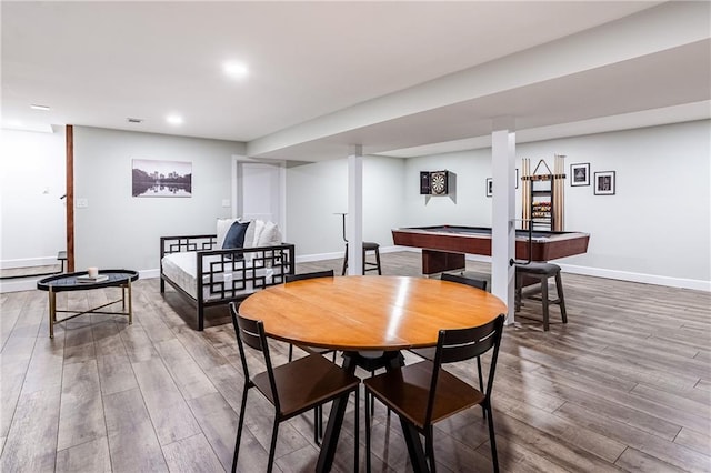 dining room with baseboards, billiards, recessed lighting, and wood finished floors