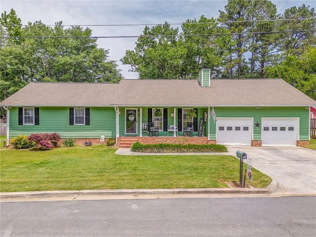 14 Eden Dr NW, Rome, GA 30165 - ranch-style home with an attached garage, a chimney, covered porch, concrete driveway, and a front yard