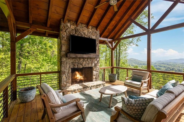 851 N Moreland Dr N, Blue Ridge, GA 30513 - wooden terrace with an outdoor living space with a fireplace