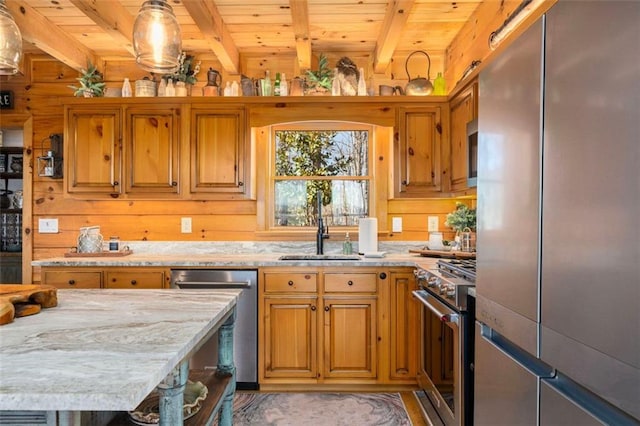 kitchen with sink, hanging light fixtures, beam ceiling, stainless steel appliances, and wooden ceiling