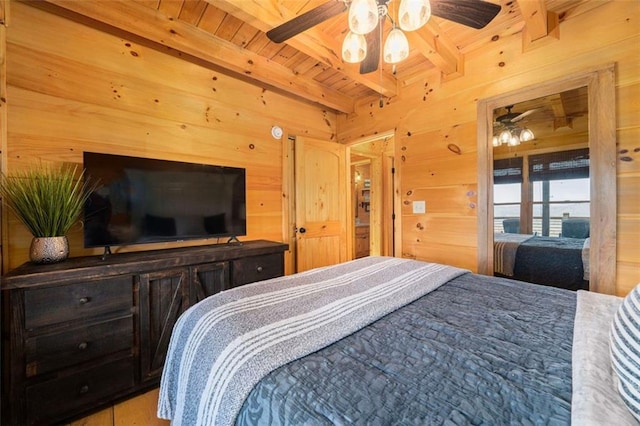 bedroom featuring beamed ceiling, wooden ceiling, and wood walls