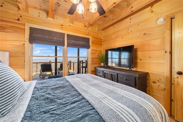 bedroom featuring beamed ceiling, wooden walls, and wooden ceiling