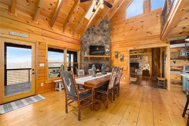 851 N Moreland Dr N, Blue Ridge, GA 30513 - dining space featuring wood walls, ceiling fan, and a fireplace