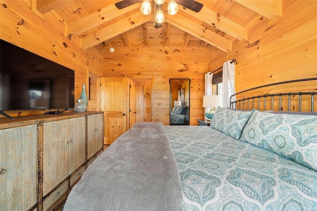 bedroom featuring vaulted ceiling with beams, wooden ceiling, and wood walls