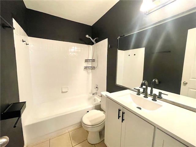 full bathroom with shower / tub combination, tile patterned floors, toilet, and vanity