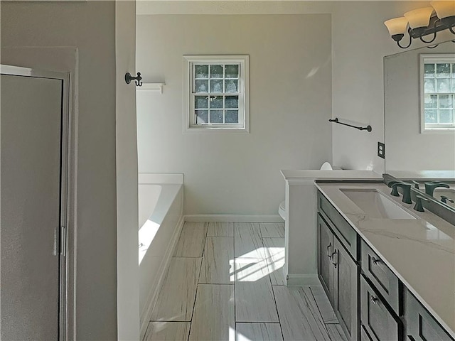 bathroom with vanity, toilet, and a tub