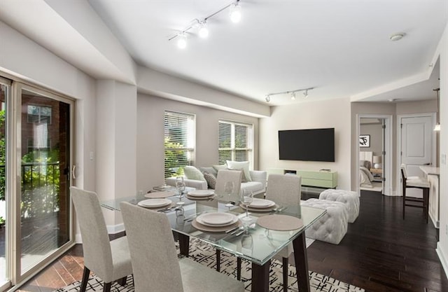 dining area with dark wood-style flooring