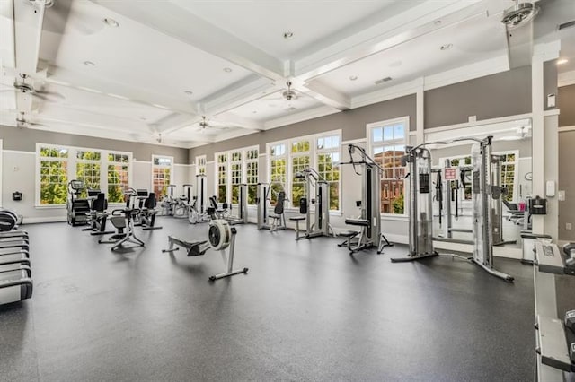 gym with a ceiling fan, a healthy amount of sunlight, coffered ceiling, and baseboards