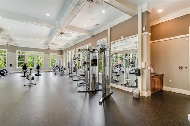 workout area with recessed lighting, visible vents, ceiling fan, coffered ceiling, and baseboards