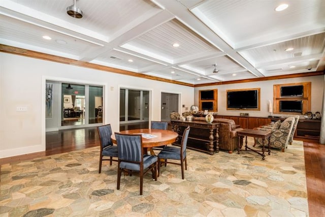 dining area featuring baseboards, coffered ceiling, beamed ceiling, and recessed lighting