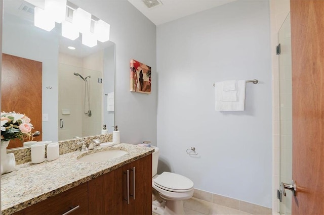 full bathroom with vanity, a stall shower, tile patterned floors, toilet, and visible vents