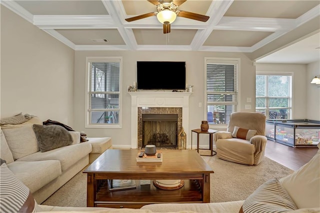 living area with beamed ceiling, ceiling fan, a fireplace, visible vents, and coffered ceiling
