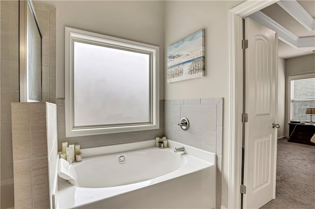 full bath with a tile shower and a garden tub