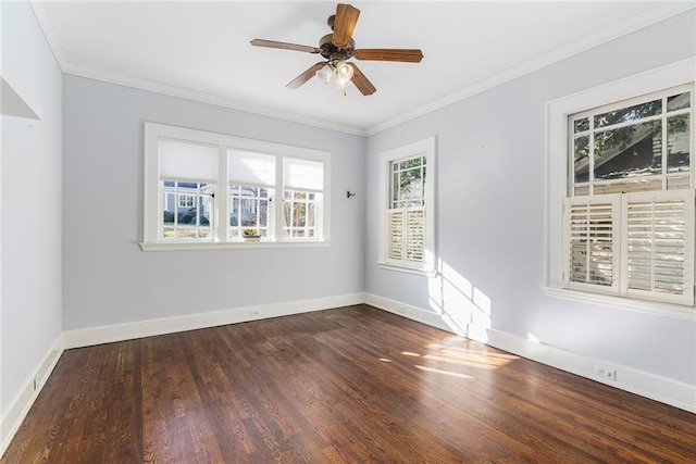 unfurnished room with dark hardwood / wood-style flooring, ceiling fan, and crown molding