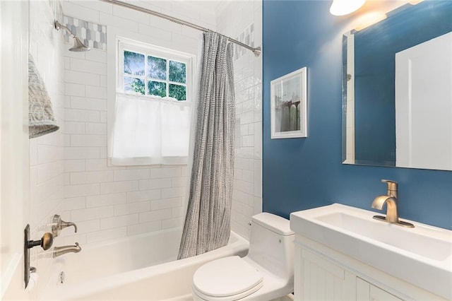 full bathroom with shower / bathtub combination with curtain, vanity, and toilet