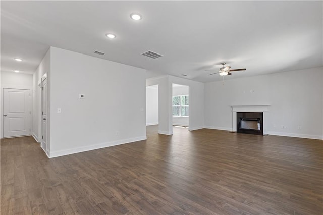 unfurnished living room featuring visible vents, recessed lighting, and ceiling fan