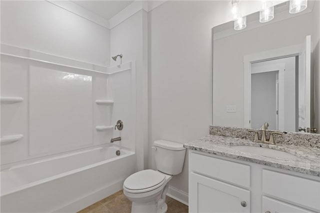 bathroom featuring shower / tub combination, vanity, toilet, tile patterned floors, and baseboards