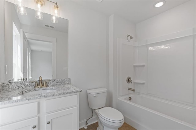 full bathroom with visible vents, vanity, shower / bathtub combination, toilet, and baseboards