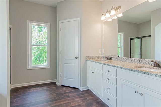 bathroom with double vanity, a shower stall, wood finished floors, and a sink