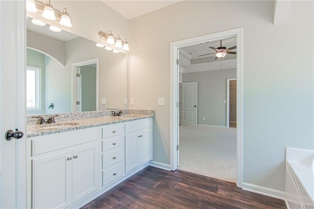 bathroom featuring double vanity, wood finished floors, baseboards, and a sink