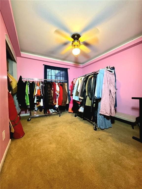 spacious closet with a ceiling fan and carpet floors