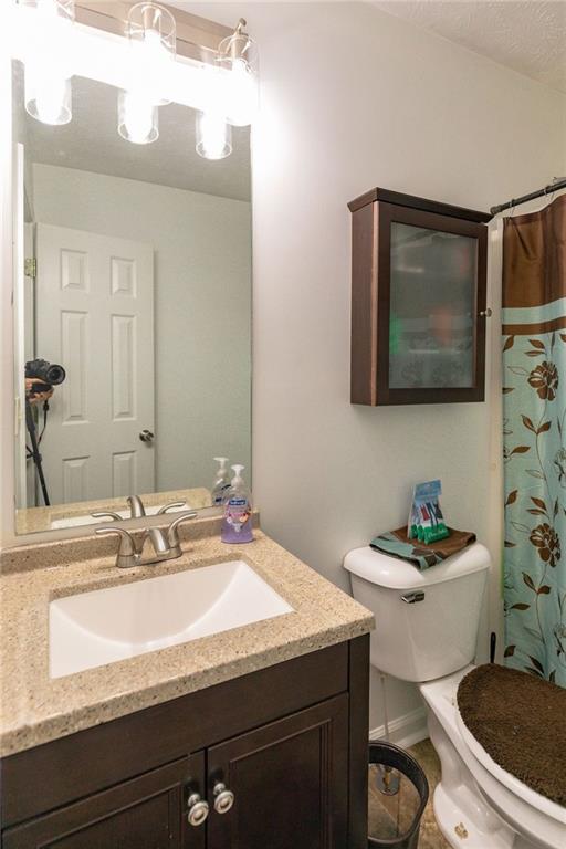 full bathroom with vanity, a shower with shower curtain, and toilet