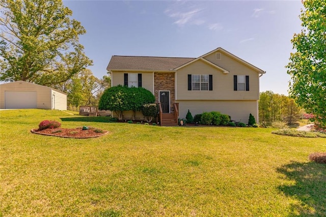 back of house featuring a lawn, fence, stairs, and a deck