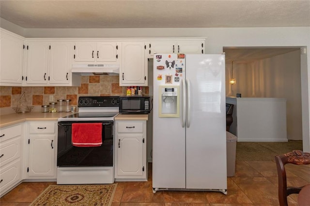 kitchen with under cabinet range hood, white cabinets, a sink, and black appliances