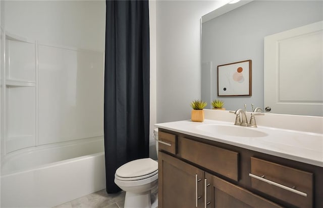 full bathroom featuring vanity, tile patterned floors, shower / bath combination with curtain, and toilet