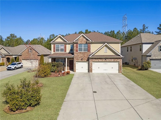 view of front of home featuring driveway, an attached garage, a front lawn, and brick siding