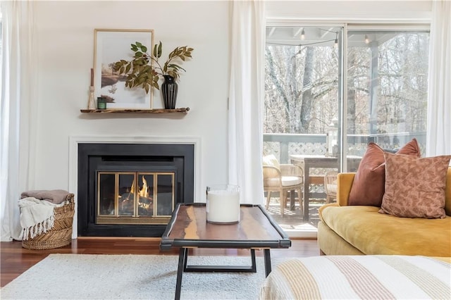 sitting room with wood finished floors and a glass covered fireplace