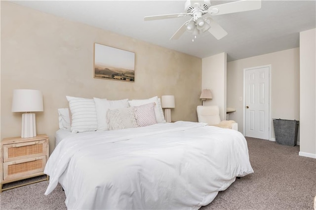 bedroom featuring carpet flooring, a ceiling fan, and baseboards