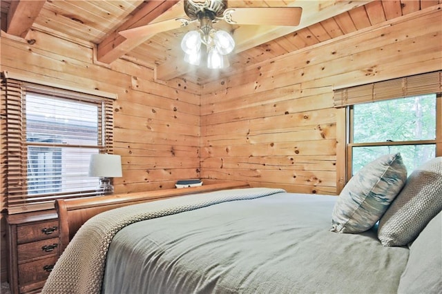 bedroom with beam ceiling, multiple windows, wood walls, and wood ceiling