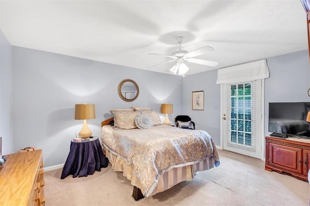bedroom with access to outside, carpet floors, baseboards, and a ceiling fan