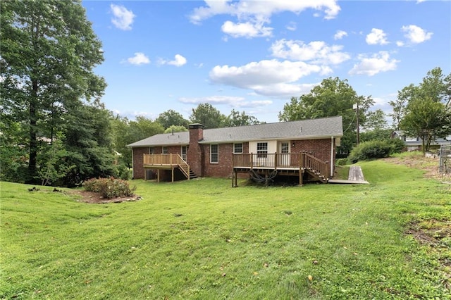 4135 Shoshone Valley Rd, Marietta, GA 30068 - rear view of house with stairway, brick siding, a deck, and a yard