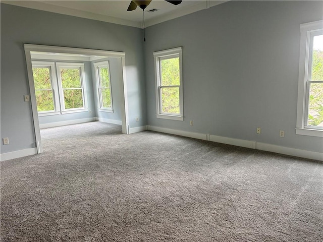 carpeted empty room featuring ceiling fan, baseboards, and plenty of natural light