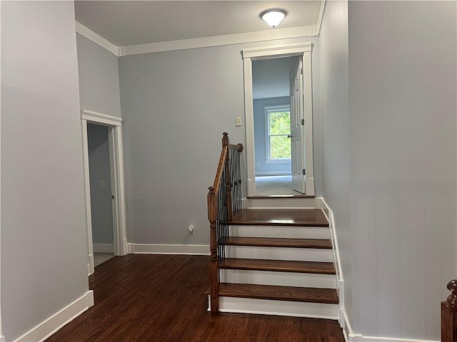 stairway with wood finished floors and baseboards
