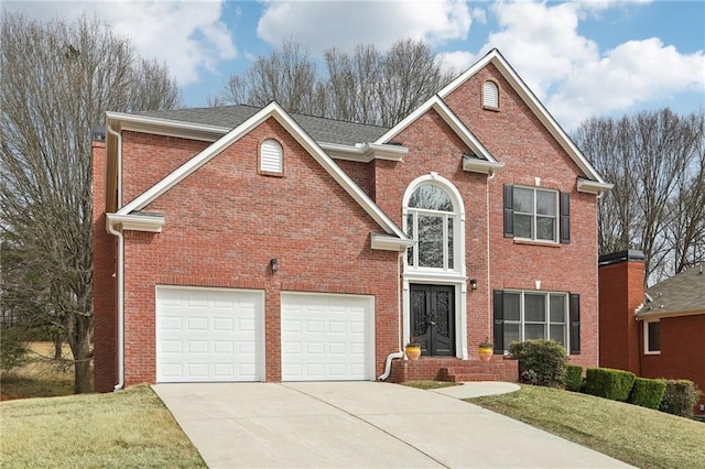 traditional-style house with a front yard, brick siding, driveway, and roof with shingles