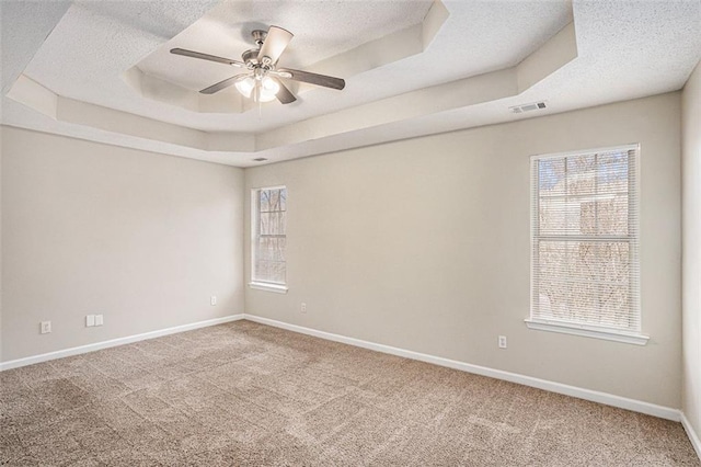 spare room featuring plenty of natural light, a tray ceiling, carpet, and a textured ceiling