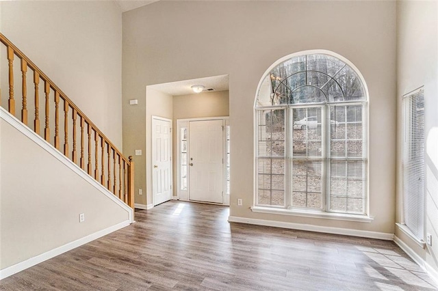 foyer entrance featuring hardwood / wood-style flooring and a high ceiling