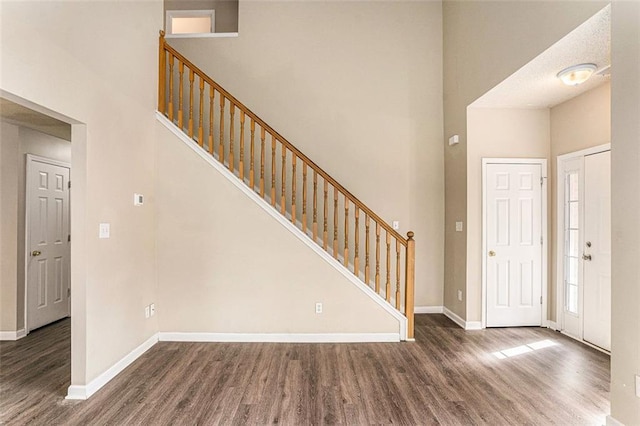 foyer featuring a towering ceiling and dark hardwood / wood-style flooring