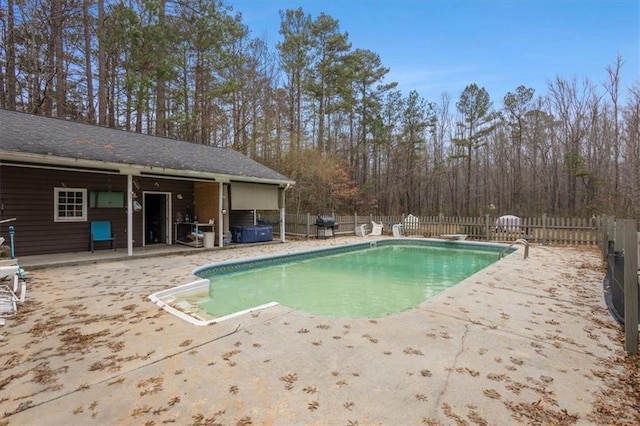 view of pool with a patio and a diving board