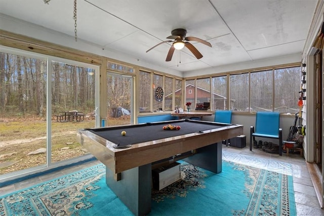 recreation room with tile patterned floors, ceiling fan, and pool table