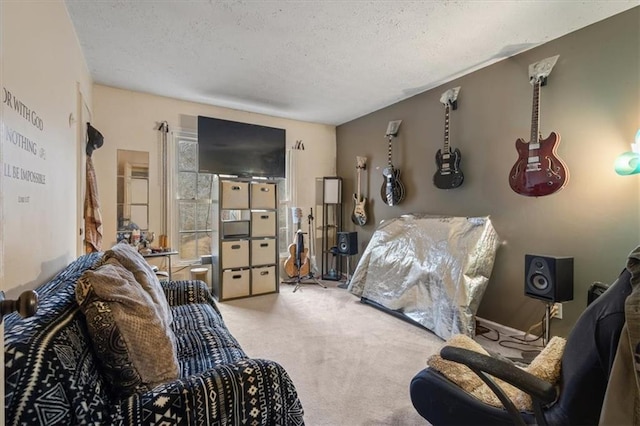 carpeted bedroom with a textured ceiling