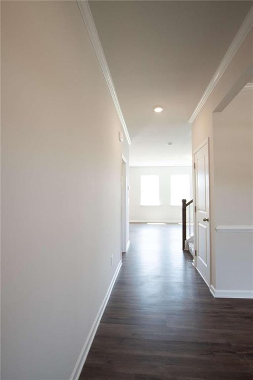 corridor featuring dark wood-type flooring and crown molding