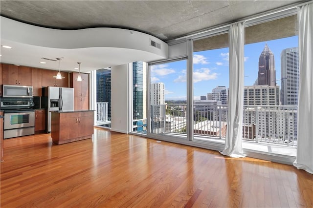 kitchen featuring decorative light fixtures, a healthy amount of sunlight, and stainless steel appliances