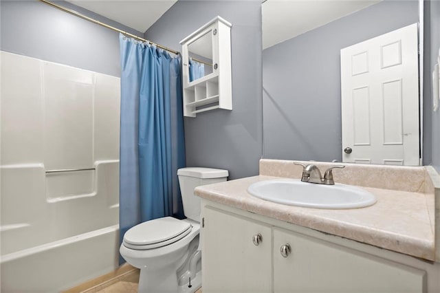 bathroom featuring vanity, toilet, and shower / bath combination with curtain