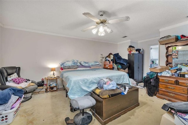 bedroom with ceiling fan, light colored carpet, and ornamental molding